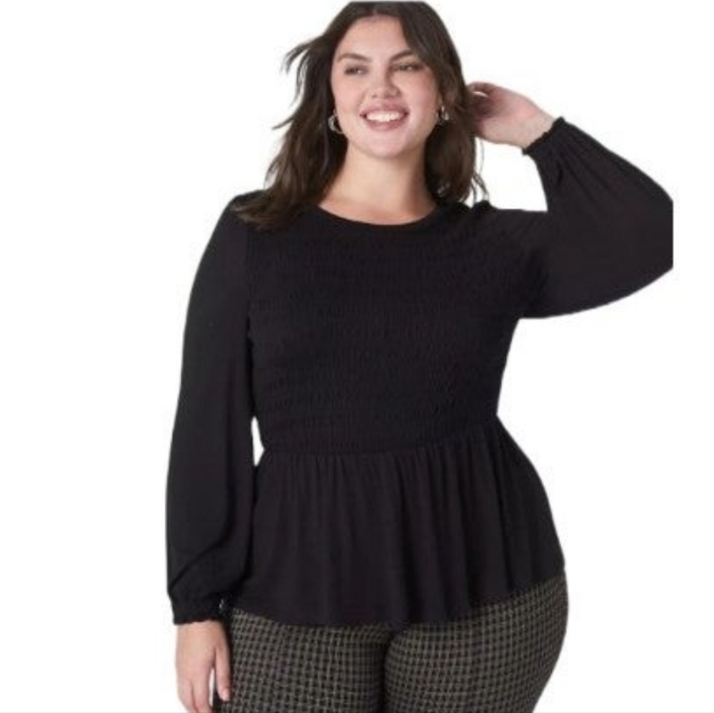 Lane Bryant Plus Size Fitted Blouson-Sleeve Smocked Peplum Top